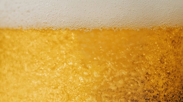 Texture of light beer. Close-up of beer foam texture. Yellow, frothy top layer in a glass. A fresh, cold lager drink