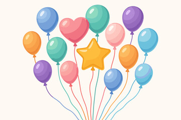 Festive Helium Balloons. Cluster of helium balloons in various shapes and sizes, floating upwards. The balloons are tied with colorful strings, creating a sense of. Vector illustration