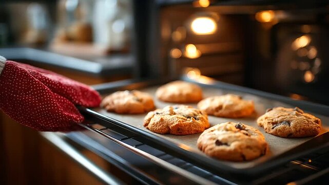 Freshly baked cookies on baking sheet just removed from oven hot Christmas baking golden edges visible oven mitt on hand face not shown kitchen appliances defocused with copy