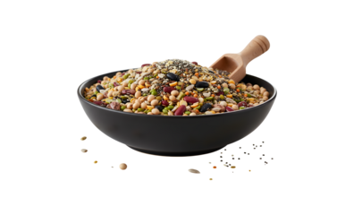 A mix of healthy grains, beans, and legumes in a black bowl, featuring soybeans, black beans, and various seeds for nutritious cooking and meal prep.

