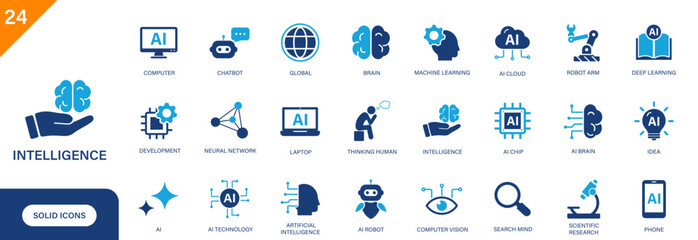 Intelligence icon. Including thinking human, AI, brain, digital, learning. Solid vector icon set.