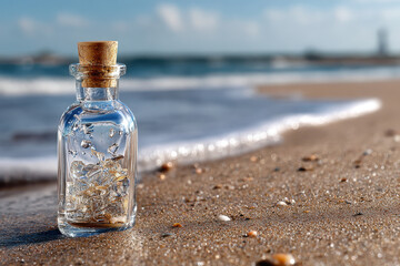 Message in a bottle resting on sandy beach near ocean waves under sunny sky