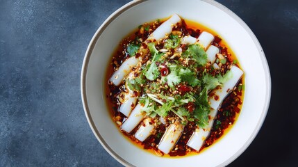 Top view of a Chuanbei Liangfen, cold Sichuan mung bean jelly strips, arranged neatly in chili oil with garlic, sesame, and cilantro