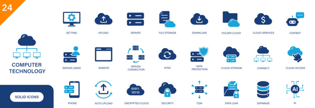 Computer technology icon. Including server, cloud computing, data, phone, storage, internet connection. Solid vector icon set.