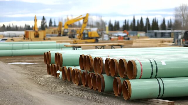 Multiple large diameter pipes on construction site pipeline materials staging area infrastructure project preparation insulated piping construction yard equipment and material