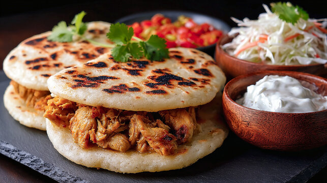 Arepas rellenas de pollo servidas con ensalada fresca y salsa en platos r&uacute;sticos sobre superficie oscura