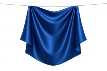 Blue silk curtain revealing horizontal line with satin fabric draping for ceremony, presentation, or display on transparent background