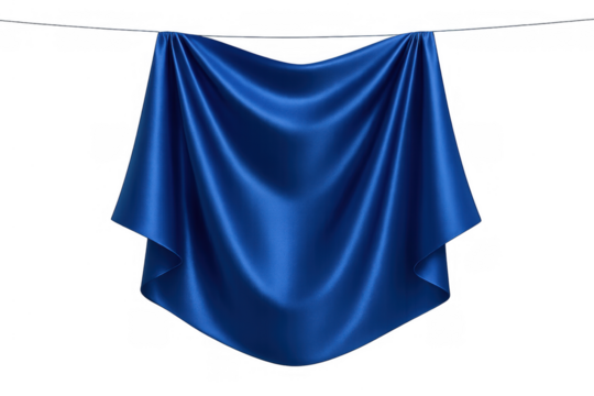 Blue silk curtain revealing horizontal line with satin fabric draping for ceremony, presentation, or display on transparent background - Powered by Adobe