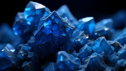 Crystals deep blue crystalline formations fractured surfaces sharp facets shimmering mineral textures reflecting light in abstract patterns creating dramatic geological aesthetic suitable for design b