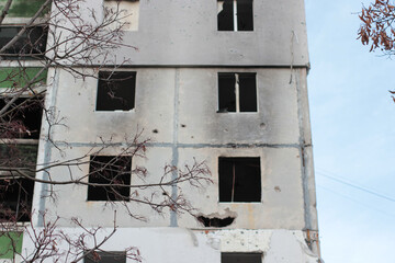 Ruins of a residential building destroyed during the war in Ukraine, severe damage caused by Russian invasion, aftermath of shelling in Chernihiv.