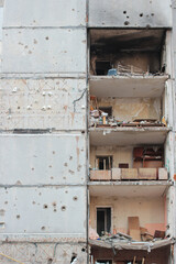 Ruins of a residential building destroyed during the war in Ukraine, severe damage caused by Russian invasion, aftermath of shelling in Chernihiv.