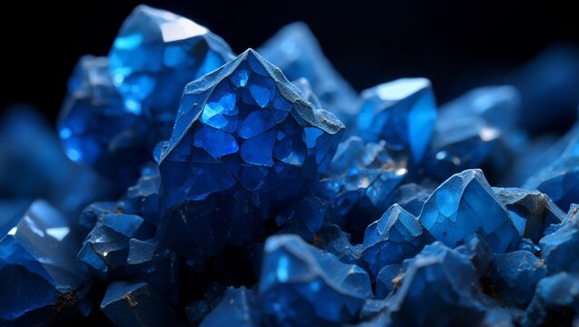 Crystals deep blue crystalline formations fractured surfaces sharp facets shimmering mineral textures reflecting light in abstract patterns creating dramatic geological aesthetic suitable for design b