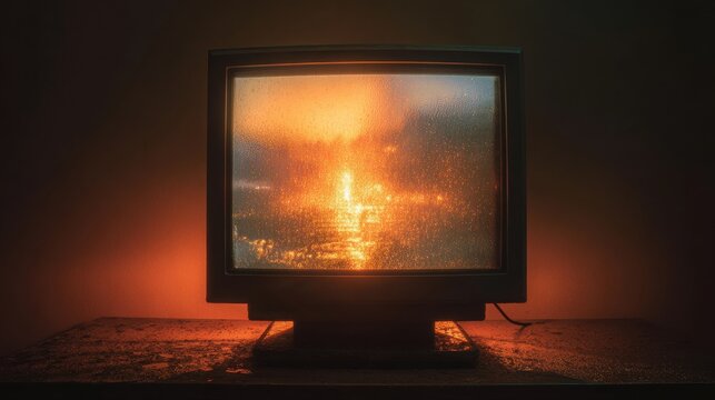 CRT Television Displaying Sunset Over Water - Powered by Adobe