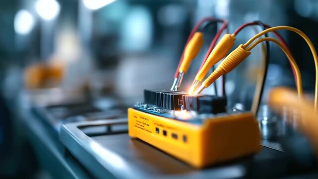 Battery pack voltage testing with multimeter probes quality verification EV electrical standards automated testing robot measurement equipment laboratory station defocused