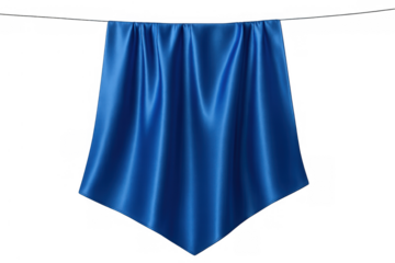 Blue silk fabric hanging, draping cloth unveiling element with wrinkled texture on transparent background