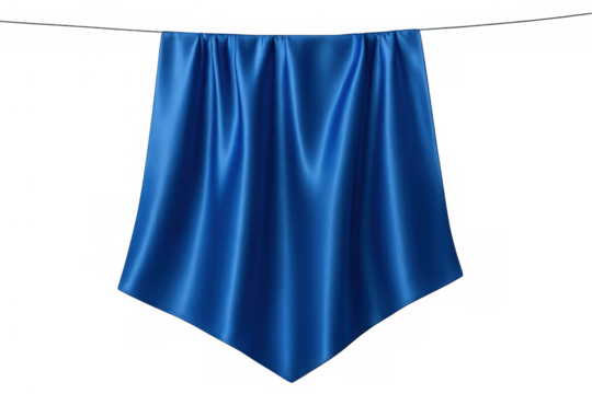 Blue silk fabric hanging, draping cloth unveiling element with wrinkled texture on transparent background