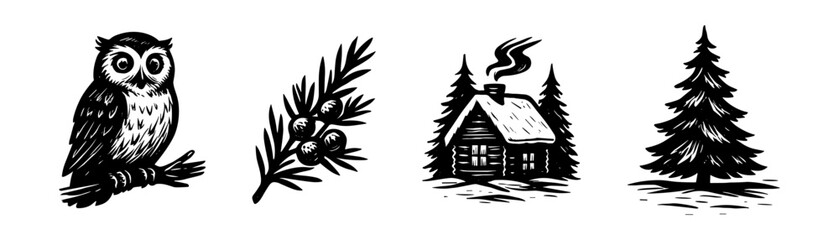 Obraz premium Forest nature vintage style engraving icons, winter landscape se