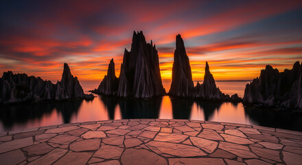 Jagged rock formations in the sea at sunset with a viewing platform. Perfect for adventure travel, desktop backgrounds, and inspirational quotes.