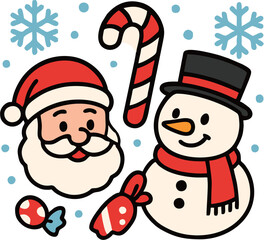 Cute Christmas Illustration with Santa and Snowman