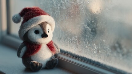 christmas A plush penguin toy by a foggy window during winter.