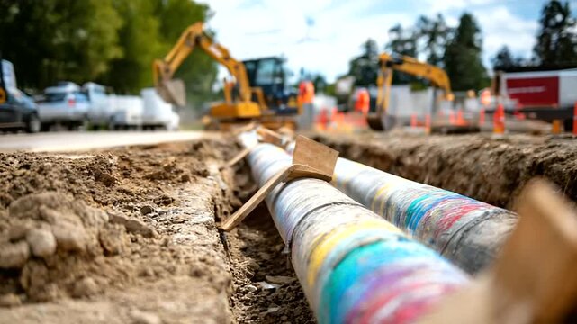 Pipeline trench with utility locating markings infrastructure coordination avoiding existing utilities spray paint marks visible construction planning excavation site