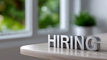 Hiring word in metallic 3d letters sitting on a light wooden table inside an office, recruiting new talent for human resources and business growth with copy space