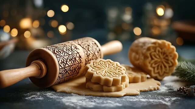 Vintage cookie stamps creating patterns in dough traditional Christmas baking tools Scandinavian style cookies wooden stamps holiday tradition baking surface defocused around