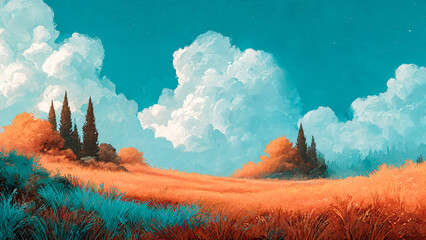 Paysage de campagne à la peinture, aquarelle