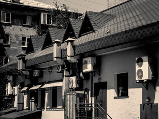 Cafe building from the back. Conditioners. Modern cafe building. Soviet apartment building....