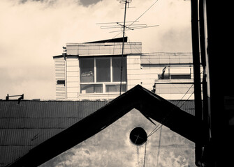 Cityscape. Urban architectural background. Old and new buildings. Ust-Kamenogorsk (kazakhstan). Black and white