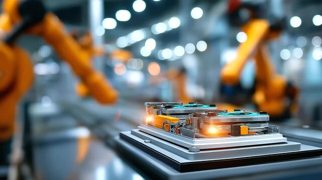 Large lithium ion battery pack on automated production line with orange robotic arms visible modern factory floor EV automotive manufacturing high voltage battery assembly