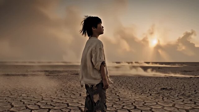 Hungry boy on dry land, back view
