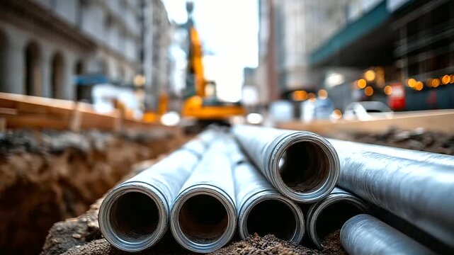 Overhead view of parallel pipes in concrete lined trench urban pipeline construction municipal infrastructure water or heating pipes construction zone city street excavation