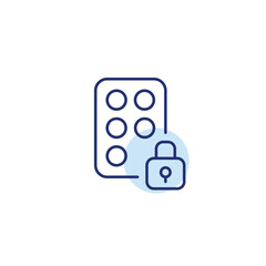 Pills in blister and lock. Child-safe medication, protected prescription data. Pixel perfect, editable stroke vector icon