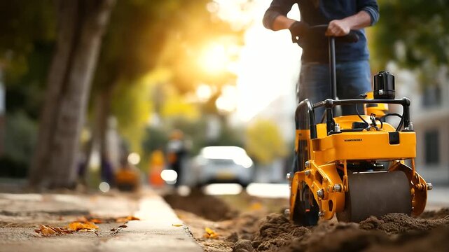 Worker operating trench compaction equipment backfill densification infrastructure construction completion compactor machine quality workmanship construction activity