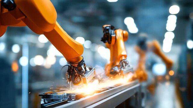 Row of orange robotic arms working simultaneously on battery pack assembly synchronized automation EV manufacturing facility lithium ion cell installation modern automotive pro