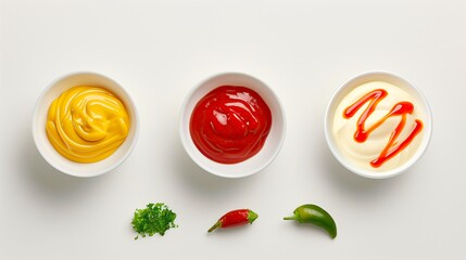 Top-view photo of mustard, ketchup, and spicy mayonnaise in white bowls, arranged with fresh herbs and chili peppers for food preparation themes.