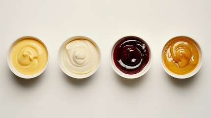 Top-view image of four different creamy sauces in white bowls, showcasing varied colors and textures for cooking, tasting, or food styling themes.