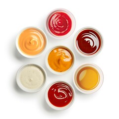 Seven colorful sauces arranged in small white bowls, including spicy, creamy, and herb-infused varieties, perfect for culinary themes and food styling designs.