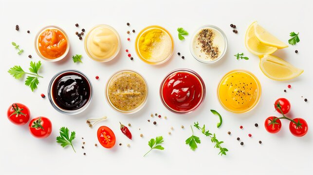 Selection of bright sauces paired with cherry tomatoes, lemon wedges, parsley, and scattered spices, ideal for gourmet food themes and recipe imagery.