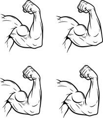 Four flexing bicep muscles showing strength, power, bodybuilding, physical fitness, isolated black and white vector illustration set