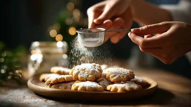 Hands dusting powdered sugar over Christmas cookies finishing touch holiday baking decoration sifter visible sweet coating wooden platter with cookies festive scene