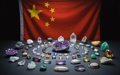 Rare earth minerals and gemstones displayed on table in front of Chinese flag