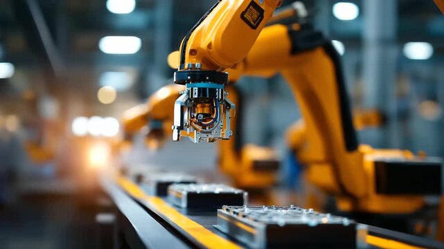 Row of orange robotic arms working simultaneously on battery pack assembly synchronized automation EV manufacturing facility lithium ion cell installation modern automotive pro