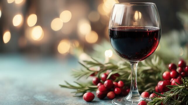 christmas Elegant glass of red wine with seasonal decorations and soft bokeh lights. - Powered by Adobe