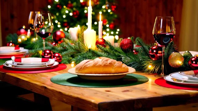 Fresh bread on Christmas table. Wine glasses and ornaments reflect candlelight. Red decor adds warmth. Holiday table with candles glowing. Meal and candle warmth for festive dinner.