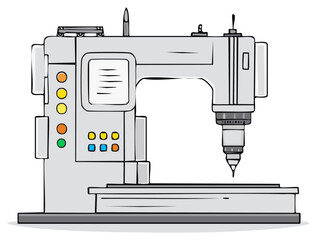 Industrial sewing machine cartoon illustration for textile and garment manufacturing production.