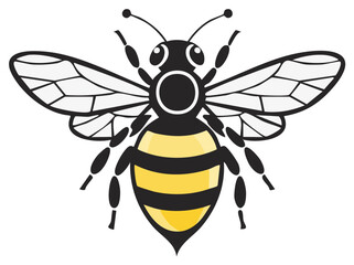 Fototapeta premium Illustration of a stylized bee with yellow and black stripes and detailed wings in a clean graphic style