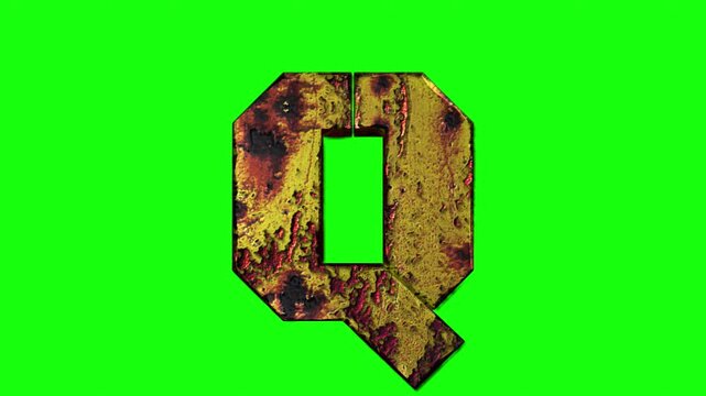 Q Letter Metal Rusty Effect Animation, Rusty Metal Erosion Animated Background alpha channel 4K