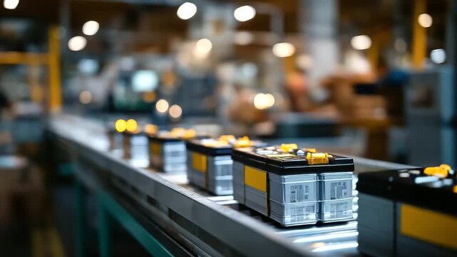 Conveyor system transporting battery modules between stations automated logistics EV production flow material handling efficiency multiple battery packs visible factory